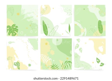 Summer square background template set. Floral juicy nature, exotic leaves for square post, book cover, flyer, banner, square background. Minimal seasonal floral social media design.