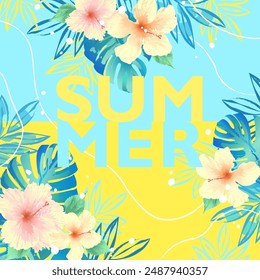 Summer square background with tropical flowers and leaves on light yellow and blue background. Vector vertical template for fashion ads, web banners, posters, prints, and social media stories.