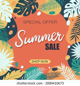 Summer square background with tropical leaves for sale banner, poster, fashion ads. Vector illustration