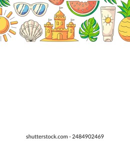 Summer square card with beach accessories icons. Top border frame and copy space, isolated on white. Summer vibes, enjoy every moment. For poster, flyer, banner, invitation, social media