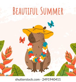 Summer square card with capybara in straw hat, butterflies and text Beautiful summer. Cute illustration with grunge and noise texture effect. For print, social media, poster, cover, celebration.