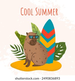 Summer square card with capybara, surfboard and text Cool summer. Cute illustration with texture effect. For print, social media, poster, cover, celebration.