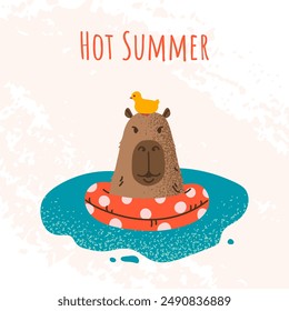 Summer square card. Capybara swims in an inflatable circle with a duck and text Hot summer. Cute illustration with grunge texture effect. For print, social media, poster, cover, celebration.