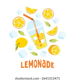 Summer square card with citrus fruits. Lemonades, lemons, ice cube and leaves icon. Bright seasonal white background for cafes, menus, and advertisements. Food and drinks. Vector flat illustration.