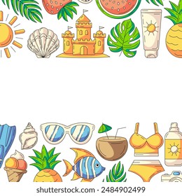 Summer square card, colorful beach accessories icons. Bottom and upper border frame, copy space, isolated on white. Summertime, rest and vacation. For poster, flyer, banner, invitation, social media