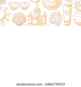Summer square card, minimalist monochrome orange beach accessories icons. Upper border frame, copy space, isolated on white. For poster, flyer, banner, invitation, social media, postcard, party
