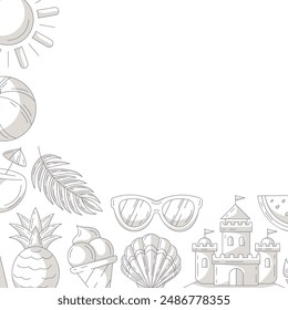 Summer square card, minimalist monochrome gray beach accessories icons. Corner border frame, copy space, isolated on white. For poster, flyer, banner, invitation, social media, postcard, party.