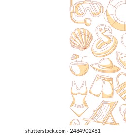 Summer square card, monochrome orange beach accessories icons. Side border frame, copy space, isolated on white. Summertime, holiday and vacation. For poster, flyer, banner, invitation, social media