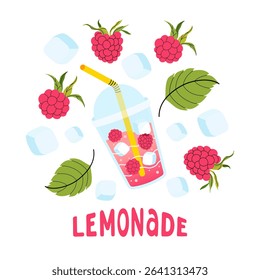 Summer square card with raspberry. Lemonades, berry, ice cube and leaves icon. Bright seasonal white background for cafes, menus, and advertisements. Food and drinks. Vector flat illustration.