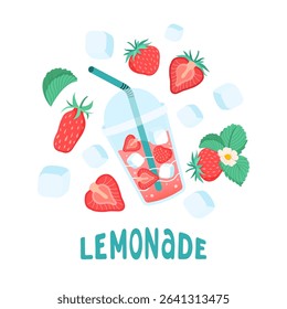 Summer square card with strawberries. Lemonades, berry, ice cube and leaves icon. Bright seasonal white background for cafes, menus, and advertisements. Food and drinks. Vector flat illustration.