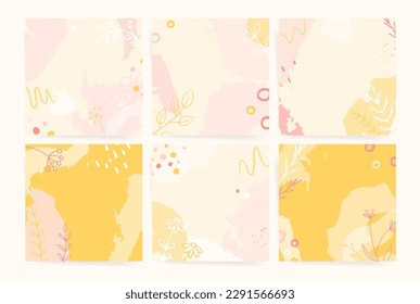 Summer square design template for social media posts, album covers, posters, event card and decorative backgrounds. Vector set of abstract decorative pattern with summer elements, leaves, silhouettes.
