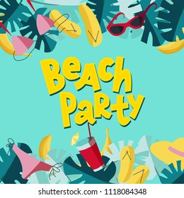 Summer square flyer design for promotion beach party with colorful beach elements in blue background. Cartoon style. Vector illustration with summer elements: swimming suit, sunglasses, monstera