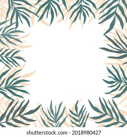 Summer square frame with elegant palm leaves teal foliage silhouette. Seasonal vacation design. Hand drawn abstract vector palm floral background border isolated on white. Copy space