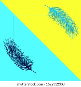 Summer square frame with palm leaves on yellow turquoise background. Bright banner for records. Vector image