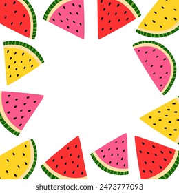 Summer Square Frame with Watermelon Slices. Cute Colorful Fruit Background. Vector Empty Template with Space for Text.