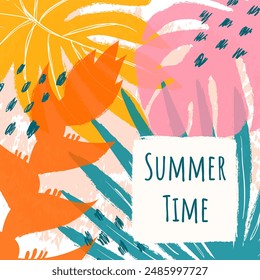 Summer square greeting card with risography and typography. Tropic leaves and flowers in hand drawn style. Grunge texture effect. Template for social media, banner, cover, poster, sales.