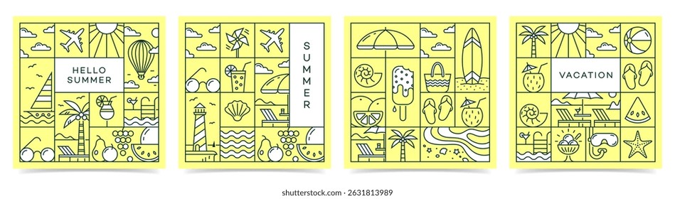 Summer square pattern design collection for cover, card, web banner, poster, brochure. Vector illustration in minimalistic line style.