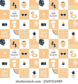 Summer Square Pattern. Seamless Geometric Checkered Print with Summer Things. Season Chess Background. Template. Beach Accessories, Watermelon, Ice-cream, Glasses. Vector in Yellow, Black, White