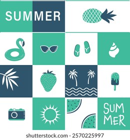 Summer Square Pattern. Seamless Geometric Checkered Print with Summer Elements. Season Chess Background. Beach Accessories, Strawberry, Ice-cream, Pineapple, Palms, Sea. Vector in Green, Blue, White