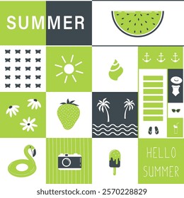 Summer Square Pattern. Seamless Geometric Checkered Print with Summer Elements. Chess Background. Beach Accessories, Watermelon, Ice-cream, Strawberry, Flower, Palm, Sea. Vector in Green, Black, White