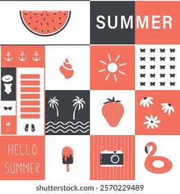 Summer Square Pattern. Seamless Geometric Checkered Print with Summer Elements. Beach Accessories, Sun, Watermelon, Ice-cream, Swimming Ring, Strawberry, Camera, Palm. Vector in Orange, Black, White