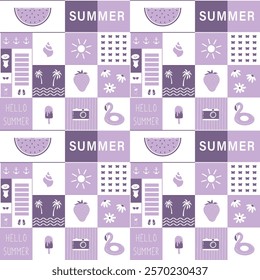 Summer Square Pattern. Seamless Geometric Checkered Print with Summer Elements. Beach Accessories, Sun, Watermelon, Ice-cream, Swimming Ring, Strawberry, Camera, Palm. Vector in Purple, White