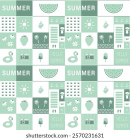 Summer Square Pattern. Seamless Geometric Checkered Print with Summer Elements. Beach Accessories, Sun, Watermelon, Ice-cream, Swimming Ring, Strawberry, Camera, Palm. Vector in Green, White