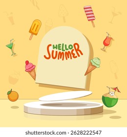summer square podium presentation banner with illustration of summer tropical ice cream, coconut drink, orange, drinks clipart, hello summer calligraphy