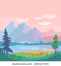 Plakat auf dem Sommerplatz mit einer Berglandschaft und einer Waldlichtung. Grüne Bäume und Wiese mit roten Blumen. Sonnenuntergang, rosa Himmel mit Wolken. Vorlage für Poster, Web, Text oder Banner. Vektorgrafik