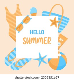 Summer square template with beach items frame. Vector illustration in flat style