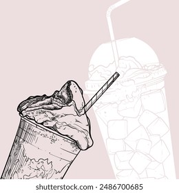 Summer square visual with hand drawn vector drinks on a dusty pink background. Line art frappe with cream and syrup and a flat white fill of a coffee with ice cubes, cream and a straw. Cold beverages.