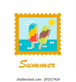 Summer stamp with ice creams on beach background, vector