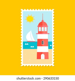 Summer stamp or mark with lighthouse, sand, sea, vector