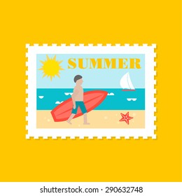 Summer stamp or mark with surfer walking with surf board, sand, sea, vector