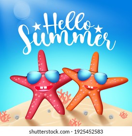 Summer starfish character vector banner design. Hello summer text with cute and friendly star fish tropical characters in beach sand background for fun holiday season. Vector illustration