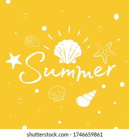 Summer.  Starfish and sea shells on yellow background.