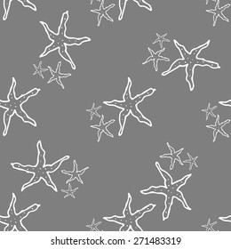 Summer starfish seamless pattern background in doodle style. Linear graphic fabric on white.