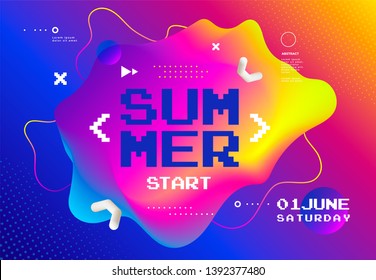 Summer start fest poster. Cover for Digital or cyber game festival. Abstract vibrant gradients background with fluid shape.