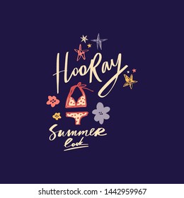 Summer starter pack clothing. Two piece swimsuit. Handdrawn cute lettering text. Vector illustration.