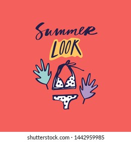 Summer starter pack clothing. Two piece swimsuit. Handdrawn cute lettering text. Vector illustration.