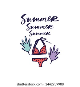 Summer starter pack clothing. Two piece swimsuit. Handdrawn cute lettering text. Vector illustration.