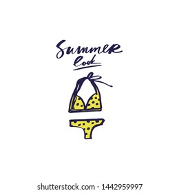 Summer starter pack clothing. Two piece swimsuit. Handdrawn cute lettering text. Vector illustration.