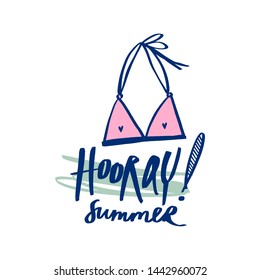 Summer starter pack clothing. Two piece swimsuit. Handdrawn cute lettering text. Vector illustration.