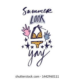 Summer starter pack clothing. Two piece swimsuit. Handdrawn cute lettering text. Vector illustration.