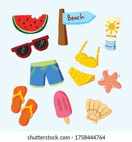 summer starter set pack collection include bite watermelon, sign beach, sun cream, sun glasses,  underwear, starfish, slippers, strawberry ice cream, and clam with cute flat design vector illustration