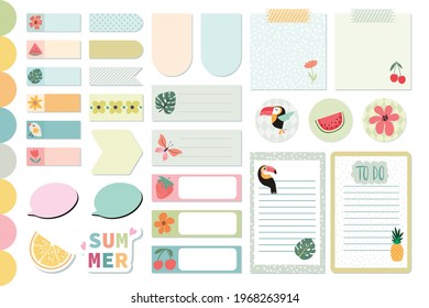 Summer stationery collection, daily planner stickers, templates for scrapbook, notebook, agenda, colorful labels, cute design