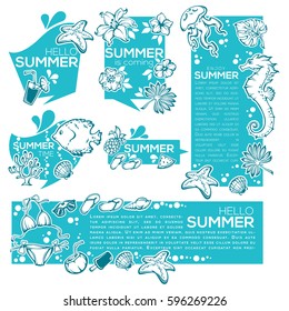summer sticker collection, drinks, fish, flowers, leaves, dress