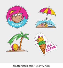 Summer sticker collection vector, Abstract summer cartoon collection set