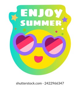 Summer sticker of colorful set. This sticker with the text Enjoy summer features a sunny cartoon design on a soothing pastel background. Vector illustration.