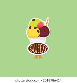 Sommeraufkleber-Design der süßen gekühlten Sommereis-Nachtisch, flache Cartoon-Vektorgrafik einzeln auf Hintergrund. Symbol oder Logo-Element für Eisdielen.